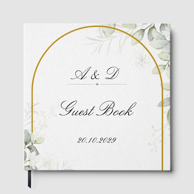 Elegant Greenery & Gold Arch Wedding Guest Book Gästebuch (Vorderseite)