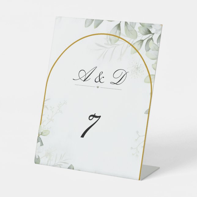 Elegant Greenery & Gold Arch Wedding Table Number Sockelschild (Vorderseite)