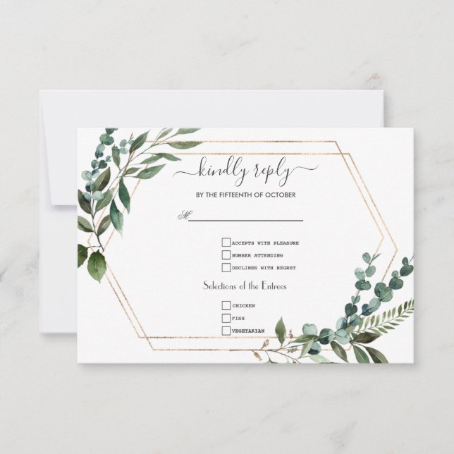 Elegant Greenery Gold Calligraphy Wedding RSVP Karte (Vorderseite)