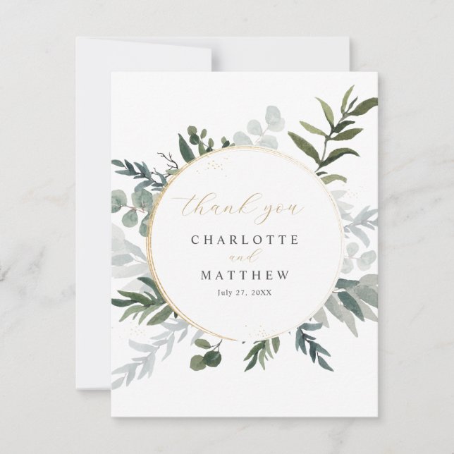 Elegant Greenery Gold Dankeskarte (Vorderseite)