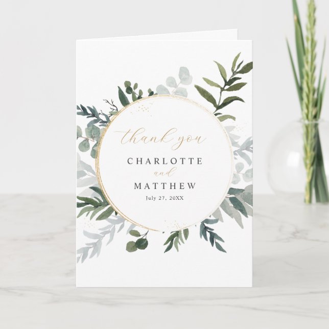 Elegant Greenery Gold Dankeskarte (Vorderseite)