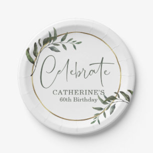 Elegant Greenery Gold Foil Celebrate Script Pappteller