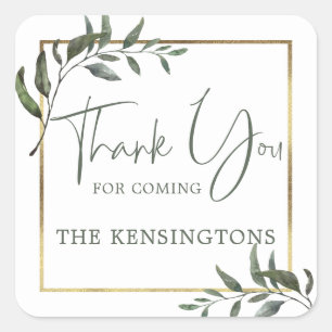 Elegant Greenery Gold Foil Script Vielen Dank Quadratischer Aufkleber