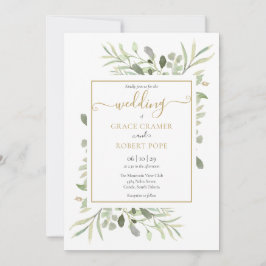 Elegant Greenery Gold Geometric Script Wedding Einladung