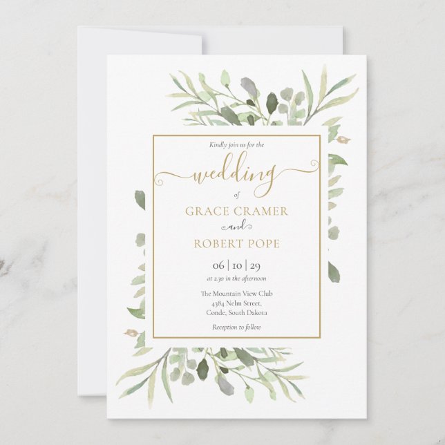 Elegant Greenery Gold Geometric Script Wedding Einladung (Vorderseite)