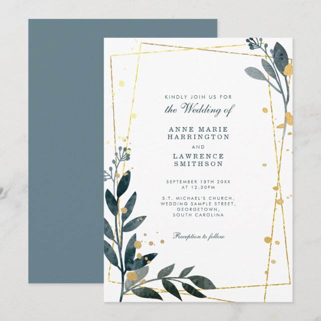 Elegant Greenery Gold Geometric Wedding Einladung (Vorne/Hinten)