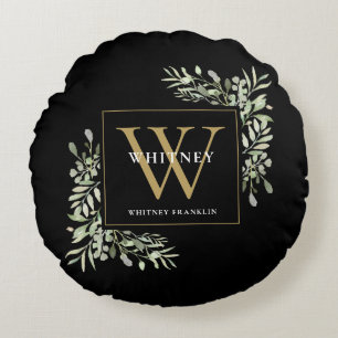Elegant Greenery Gold Monogram Black Rundes Kissen