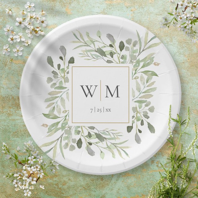 Elegant Greenery Gold Monogram Wedding Pappteller (Von Creator hochgeladen)