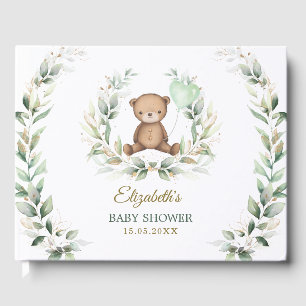 Elegant Greenery Gold Teddy Bear Baby Shower Gästebuch