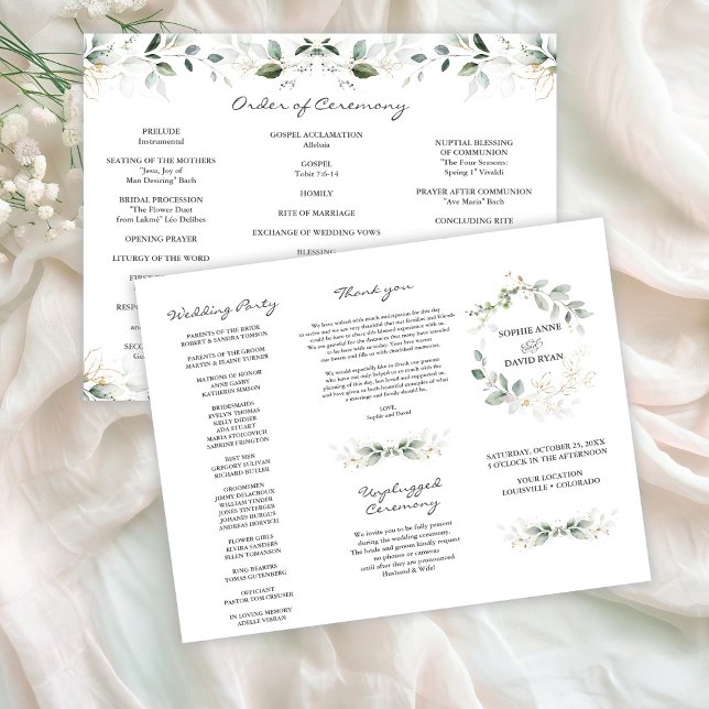 Elegant Greenery Gold Tri+Fold Hochzeitsprogramm (Von Creator hochgeladen)