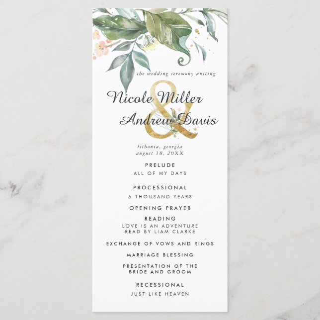 Elegant Greenery Gold Wedding Zeremony Program Programm (Vorderseite)