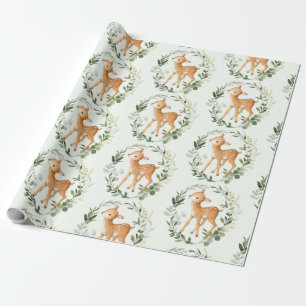 Elegant Greenery Gold Woodland Deer Baby Fawn Geschenkpapier