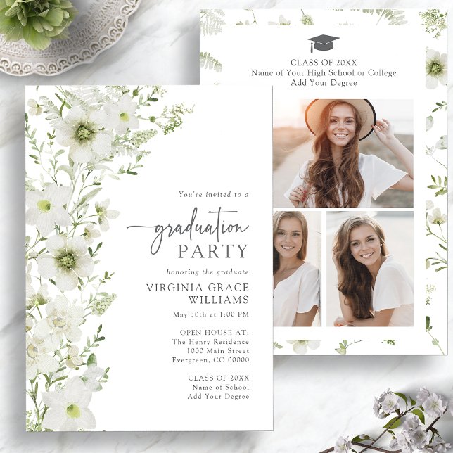 Elegant Greenery Graduation Party Einladung (Elegant Greenery Graduation Party Invitation with Photo Collage by Painted Paperie
)