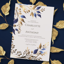 Elegant Greenery Leaf Blue Gold Moderne Hochzeit