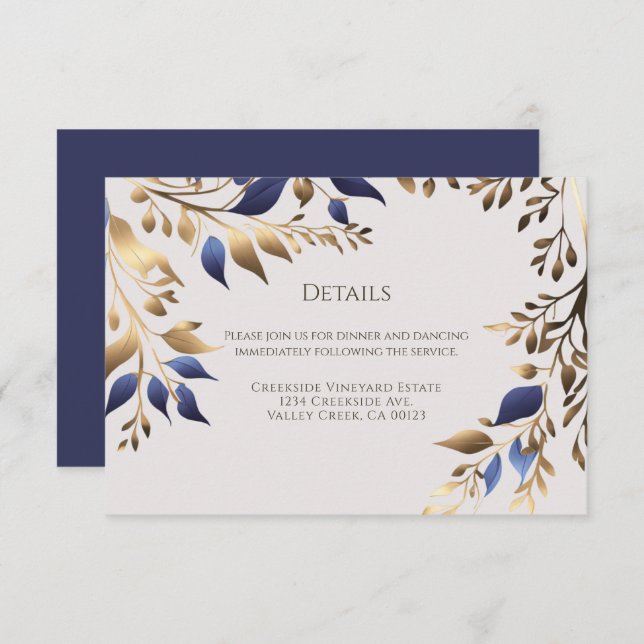 Elegant Greenery Leaf Blue Gold Wedding Begleitkarte (Vorne/Hinten)
