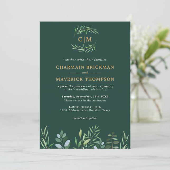 Elegant Greenery Leaf Monogram Wedding Einladung (Stehend Vorderseite)