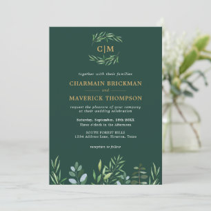 Elegant Greenery Leaf Monogram Wedding Einladung