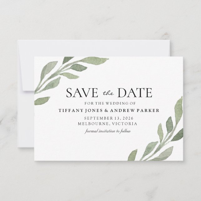 Elegant Greenery Leaf Wedding speichern das Datum Save The Date (Vorderseite)