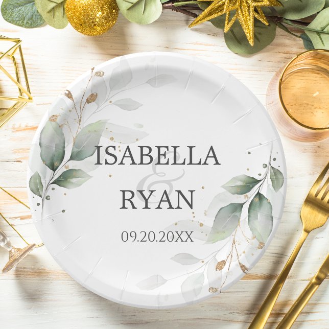 ELEGANT Greenery Leaves Gold Wedding Pappteller (Von Creator hochgeladen)