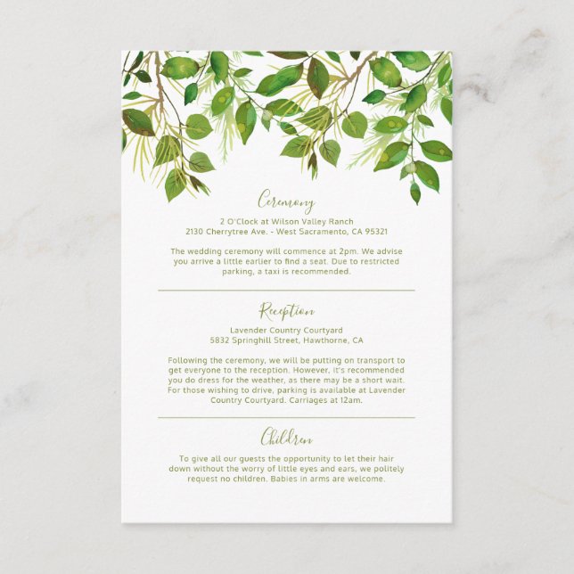Elegant Greenery Meadow Hochzeitsinformationen Begleitkarte (Vorderseite)