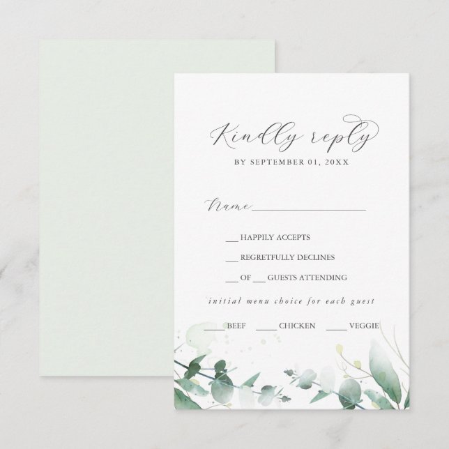 Elegant Greenery Menü Auswahl RSVP Karte (Vorne/Hinten)