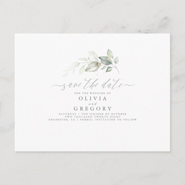 Elegant Greenery Minimal Save the Date Ankündigungspostkarte (Vorderseite)