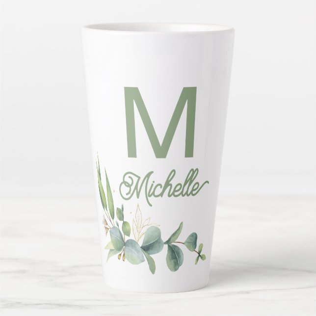 Elegant Greenery Monogram Individuelle Name and In Milchtasse (Vorderseite)