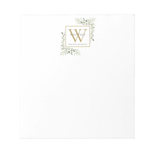 Elegant Greenery Monogram Name Notepad Notizblock (Vorderseite)