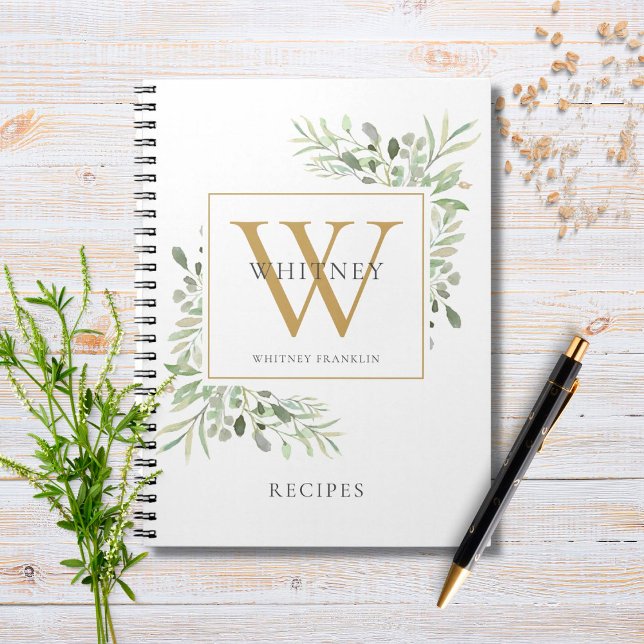 Elegant Greenery Monogram Name Rezept Cookbook Notizblock (Von Creator hochgeladen)