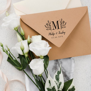 Elegant Greenery Monogram Names & Wedding Date Gummistempel