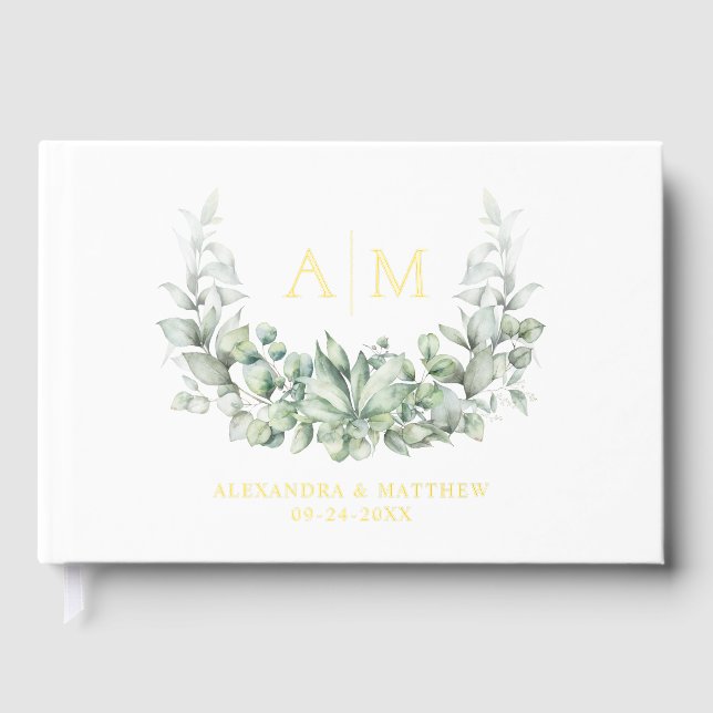 Elegant Greenery Monogram Wedding Gold Foil Gästebuch (Vorderseite)