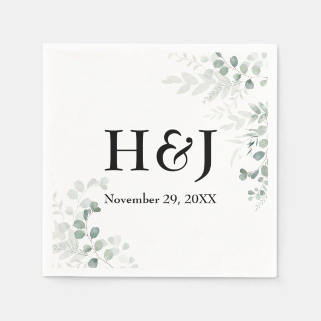 Elegant Greenery Monogramme und Datum Serviette (Vorderseite)