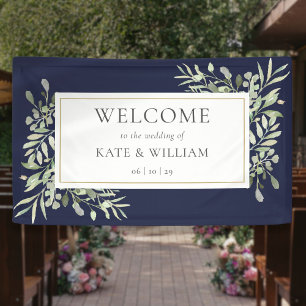 Elegant Greenery Navy Blue Wedding Willkommen Banner