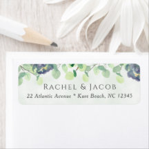 Elegant Greenery Navy Floral Wedding Address Label