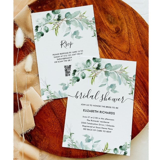 Elegant Greenery | QR-Brautparty Einladung (An elegant bridal shower invitation with greenery and a scannable QR code)
