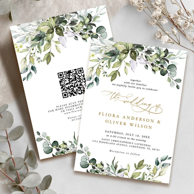 Elegant Greenery Rustic Botanical QR Code Wedding Einladung (Elegant Greenery Rustic Botanical QR Code Wedding Invitation)