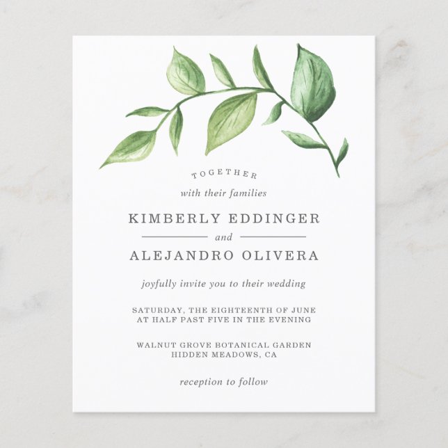 Elegant Greenery Rustic Budget Einladung Hochzeit (Vorderseite)