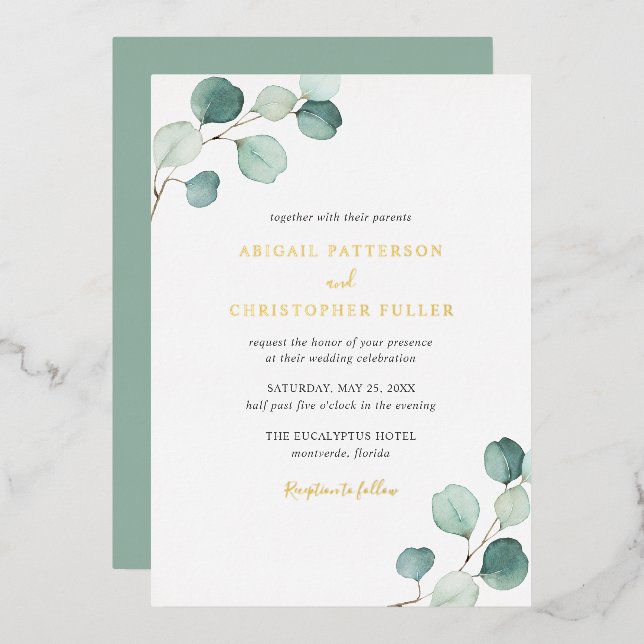 Elegant Greenery Rustic Eucalyptus Wedding Gold Folieneinladung (Vorderseite/Rückseite)