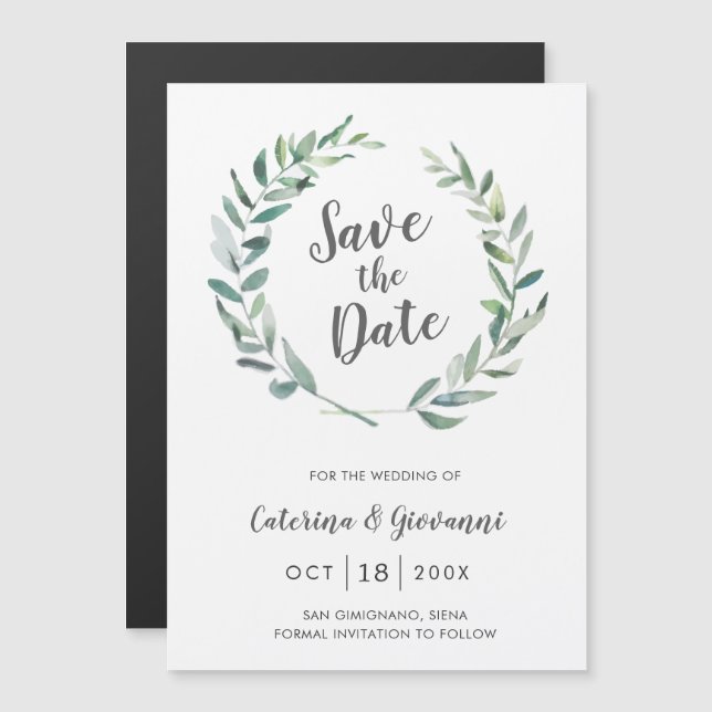 Elegant Greenery Rustic Wedding Save the Date Magneteinladung (Vorne/Hinten)