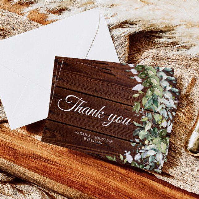 Elegant Greenery Rustic Wood Dankeskarte (Von Creator hochgeladen)