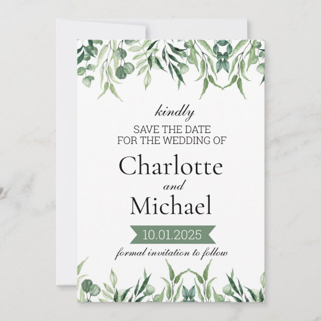 Elegant Greenery Save the Date Template Einladung (Vorderseite)