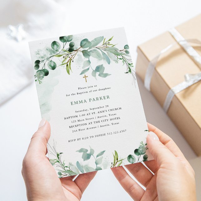 Elegant Greenery | Taufe Einladung (An elegant Baptism invitation with pretty watercolor eucalyptus greenery)