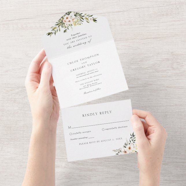 Elegant Greenery und Ivory Florals All In One Einladung (Abreißen)