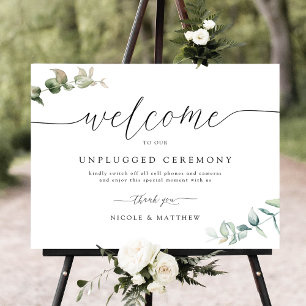 Elegant Greenery Unplugged Zeremony Sign Poster
