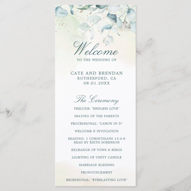 Elegant Greenery Watercolor Eucalyptus Wedding Programm (Vorderseite)