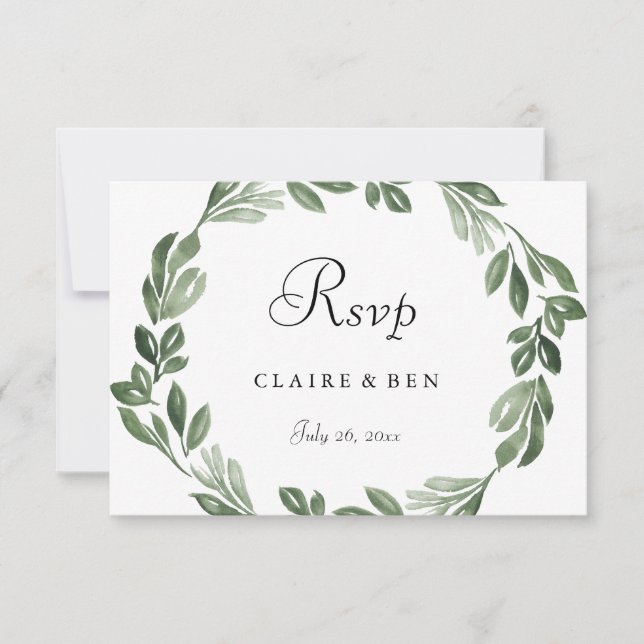 Elegant Greenery Watercolor Wreath Wedding RSVP (Vorderseite)