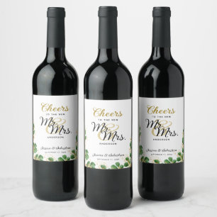 Elegant Greenery Wedding Cheers an Herrn und Frau. Weinetikett