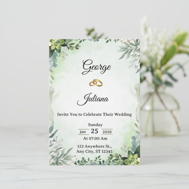 Elegant Greenery Wedding Invitation Einladung (Stehend Vorderseite)