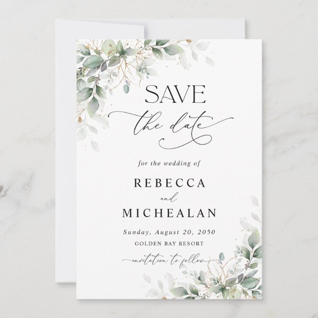 Elegant Greenery Wedding Save The Date Einladung (Vorderseite)