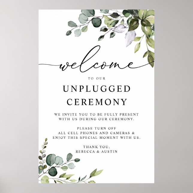 Elegant Greenery Wedding Unplugged Zeremonie Poster (Vorne)